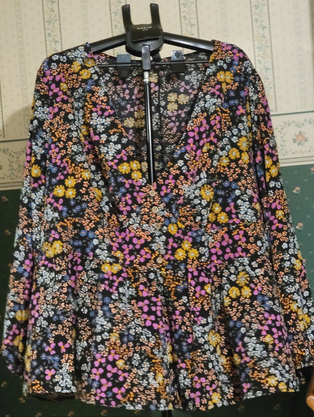 SHEIN Black Floral V-Neck Peplum Blouse with Pink & Yellow Accents